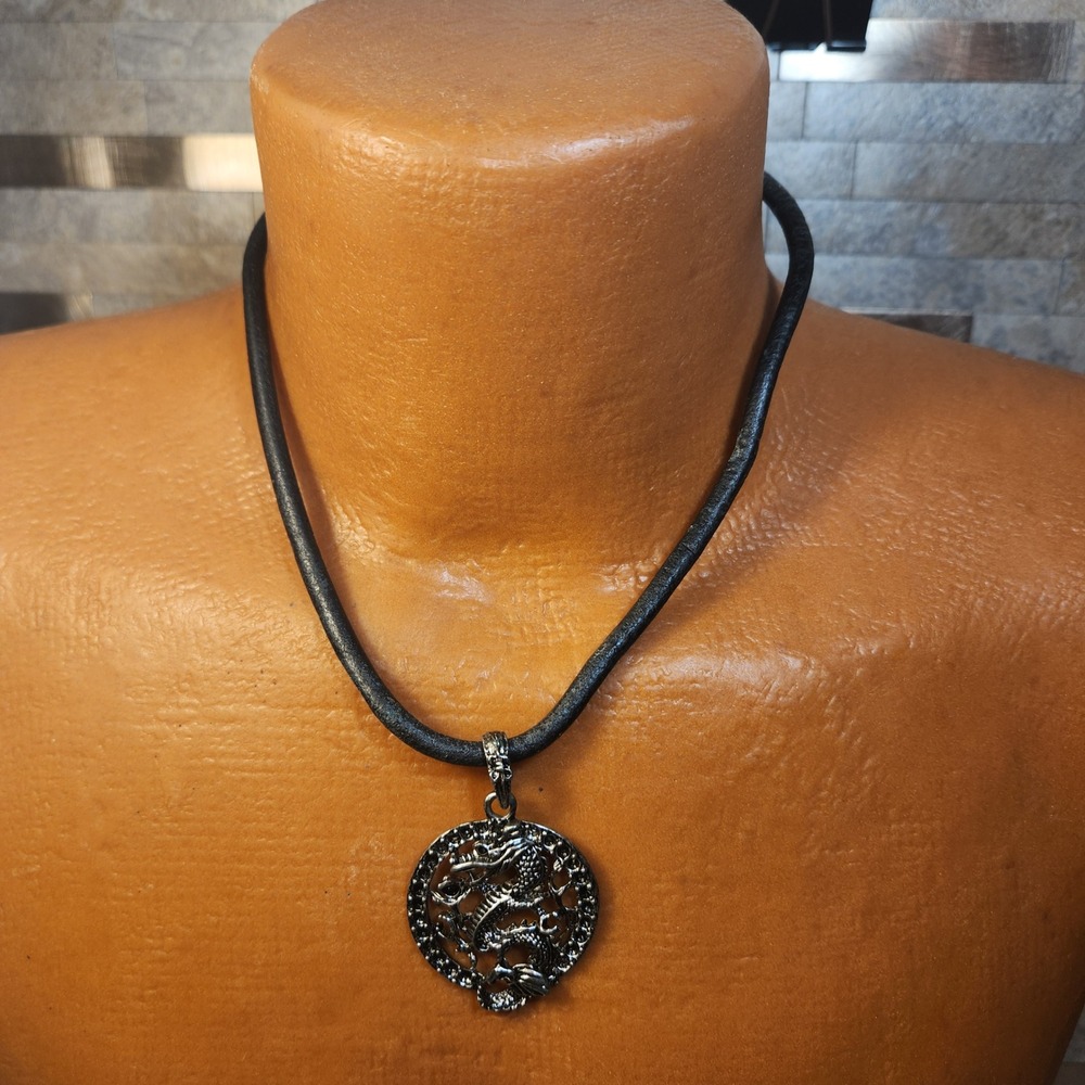 Silver Tone Dragon Medallion Pendant Black Cord Toggle Necklace 18 Inch Mens